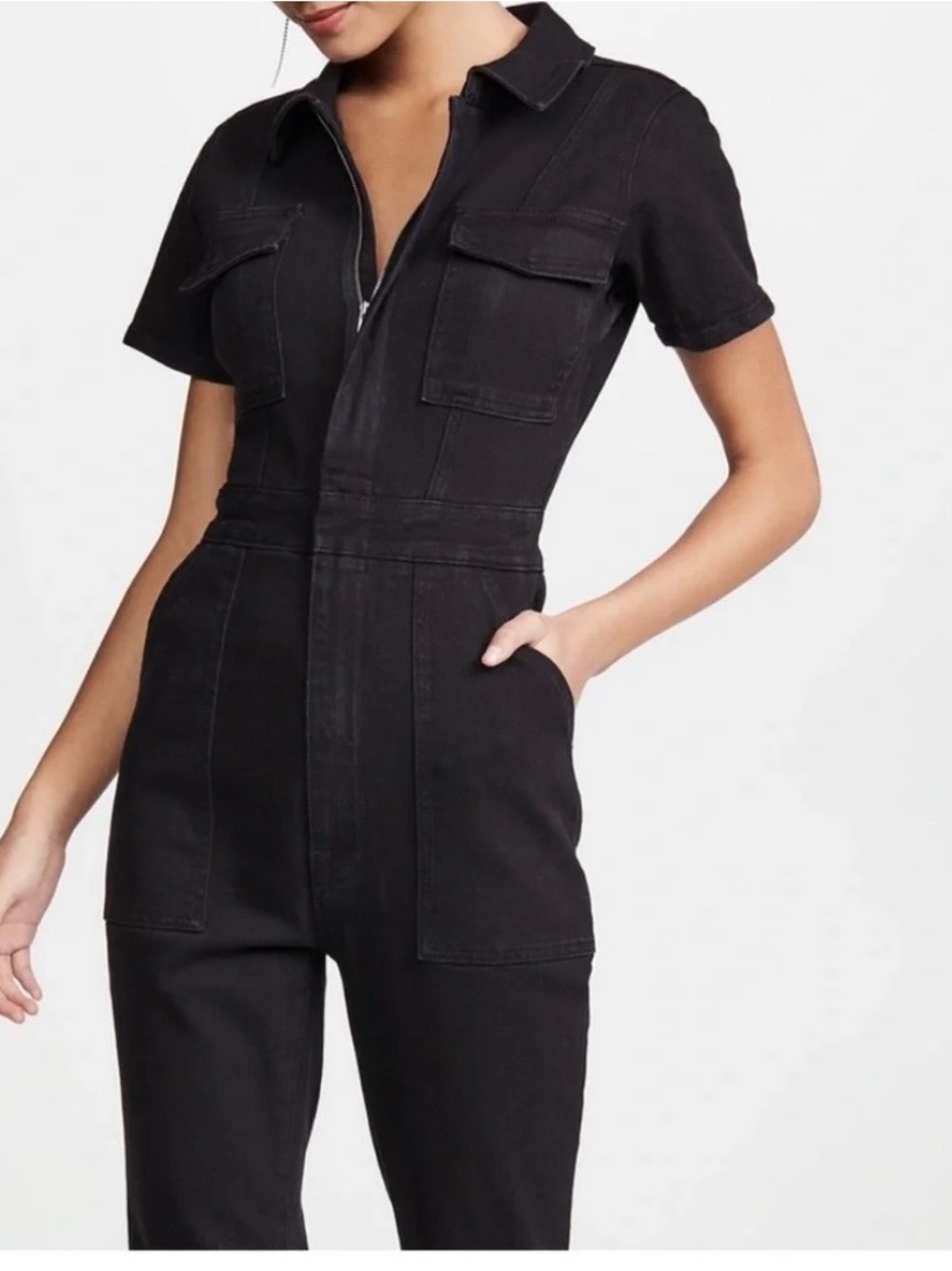 Good American Black Denim Utility Jumpsuit Wide Leg Zip Front Size 4